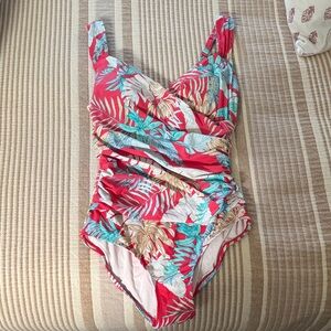 Tropical Ruched One-Piece Swimsuit - Coral & Teal Floral